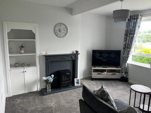 a living room with a fireplace and a television at Modern 2 bedroom ground floor apartment in Hawick