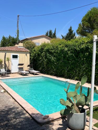 a swimming pool with a potted plant next to a house at Chambre privé avec piscine ,parking et cuisine prive in Marseille