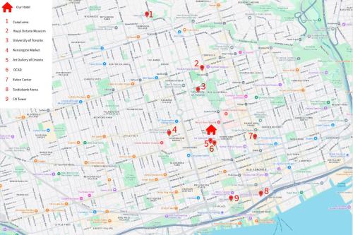 a map with red dots on it at New Luxury Suite Heart of Toronto Sleeps 10 in Toronto