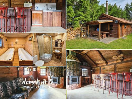 a collage of pictures of a log cabin at Łęgowska Dolina in Olecko