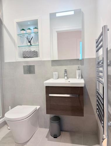 a bathroom with a toilet and a sink and a mirror at Luxury 2bed With Gym Cinema & Games Room in New Malden