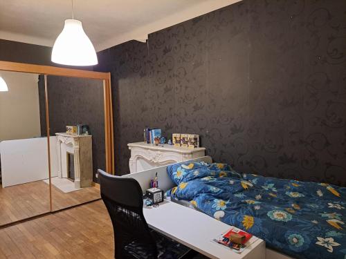 Schlafzimmer mit einem Bett, einem Tisch und einem Kamin in der Unterkunft Peaceful house just for you! in La Ville-du-Bois