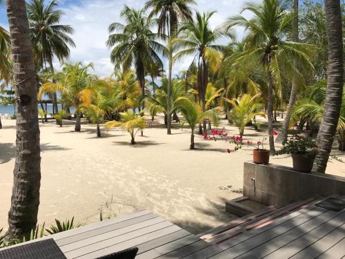 a view of a beach with palm trees at Beach House la Tortuga, Punta Seca, Rincón del Mar 