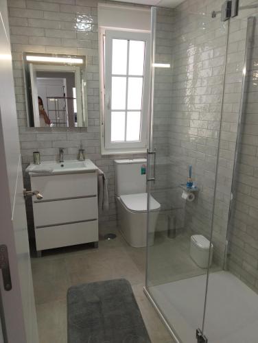a bathroom with a toilet and a sink and a shower at Cielito in Camariñas