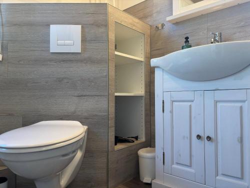 a bathroom with a white toilet and a sink at Villa Bela in Högsby