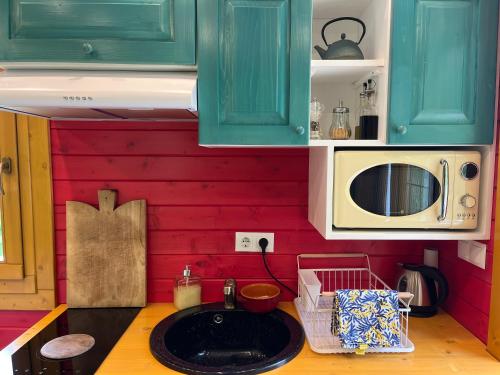 une cuisine avec des armoires vertes et un évier dans l'établissement Roulotte Bohème en Provence, Terra Luna, Valensole, à Valensole