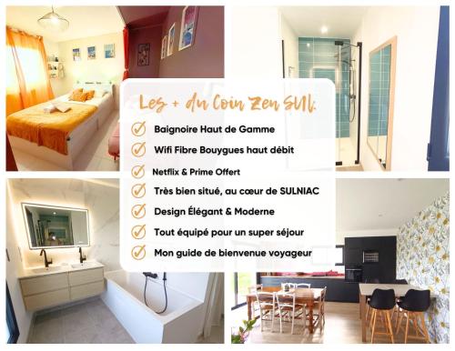 a collage of pictures of a bedroom and a bathroom at Coin Zen Sulnacoise, Linge, Petit-déj in Sulniac