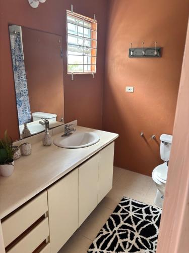 a bathroom with a sink and a toilet and a mirror at Tower Isles Manor in St Mary