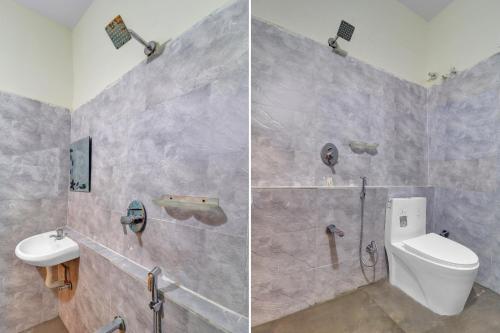two pictures of a bathroom with a toilet and a shower at Hotel O R Square in Hyderabad