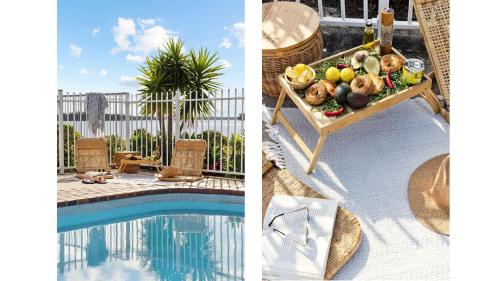 a collage of two pictures of a resort with a pool at Peninsula Court Unit 9 - Absolute Waterfront Escape - Holiday Yamba in Yamba