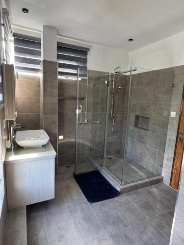 a bathroom with a shower and a sink and a toilet at Villa Azur in Grand Baie