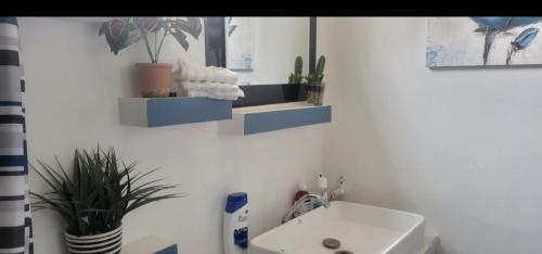 a bathroom with a sink and two shelves on the wall at CASA con 2 habitaciones, Cocina,comedor y baño privados in Candelaria