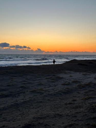 a person walking on the beach at sunset at With BBQ terrace & dog run A private house full of fun, right by the sea and surf spots in Kashima