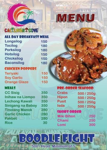 a menu for a restaurant with a plate of food at Calilayan Cove Beach Resort 