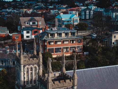 an aerial view of a building in a city at Dunedin House- Boutique Hotel in Dunedin