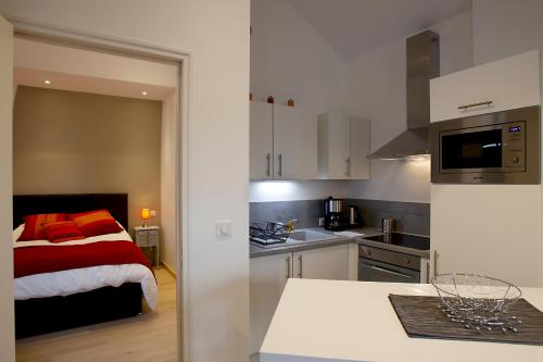 une cuisine et une chambre avec un lit dedans dans l'établissement Git'Appart au bord de Loire, à Tours