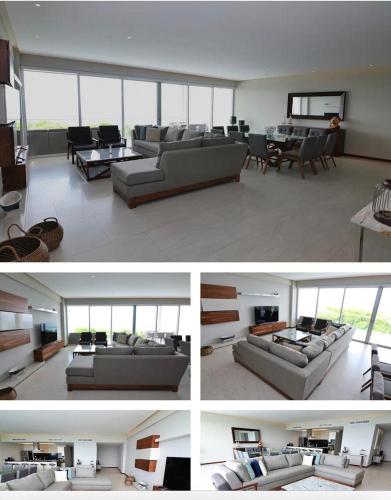 three pictures of a living room with couches and tables at Punta Mita Beachfront Ocean Views BOLONGO in Higuera Blanca