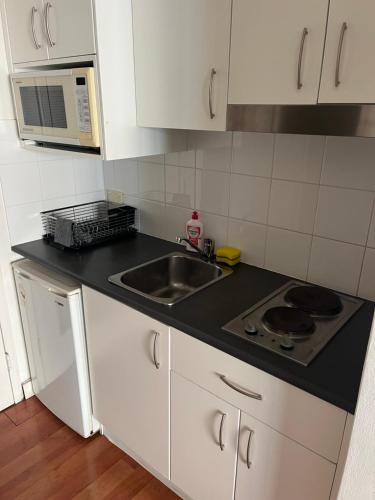a kitchen with a sink and a microwave at Harbourside Apartment in Sydney