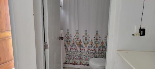 a bathroom with a toilet and a shower curtain at Villa Colonial Room 5 in Río San Juan