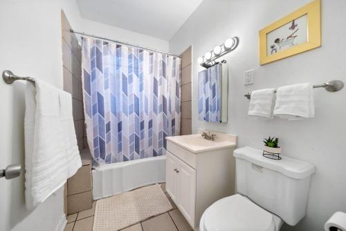 a bathroom with a toilet and a shower at Cozy Woodlawn Retreat 1 in Chicago