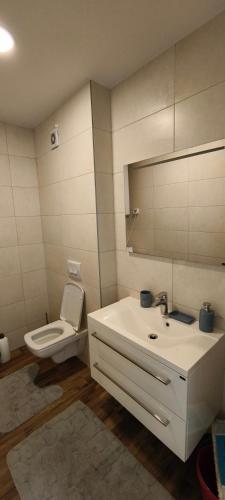a bathroom with a white sink and a toilet at Your Home Montenegro in Dobra Voda