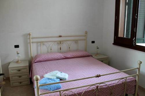 カストロ・ディ・レッチェにあるAppartamenti La Perla Del Salentoのベッドルーム1室(紫のシーツが敷かれたベッド1台、窓付)