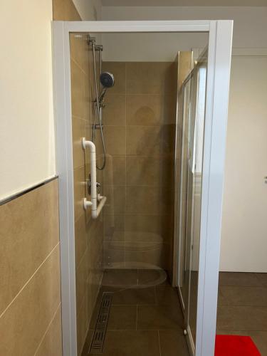 a shower with a glass door in a bathroom at Casa di Diego in Porpetto