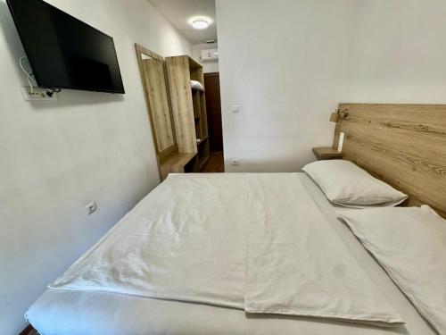 a bed in a room with a tv on the wall at Vila Mila in Sarajevo