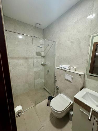 a bathroom with a shower and a toilet and a sink at Vila Mila in Sarajevo