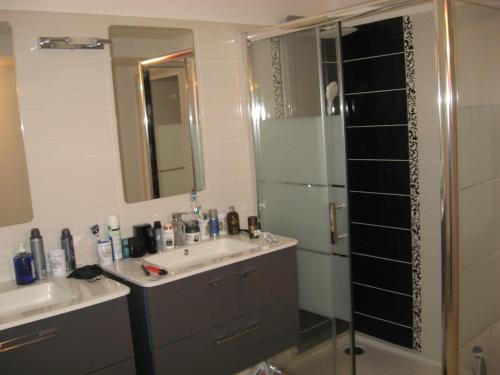 une salle de bain avec une douche, un lavabo et un miroir dans l'établissement Loft 200m2 14 couchages tout près du port, à La Ciotat