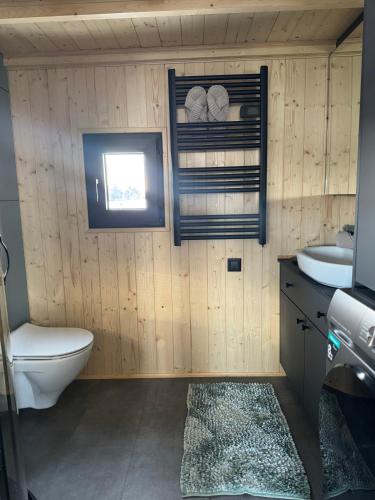 a bathroom with a toilet and a sink and a window at Lieblingsplatz Parey - Tiny House in Parey