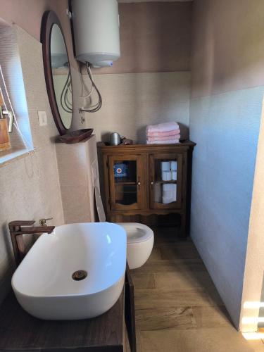 a bathroom with a white sink and a mirror at Apartments Ribić in Umag