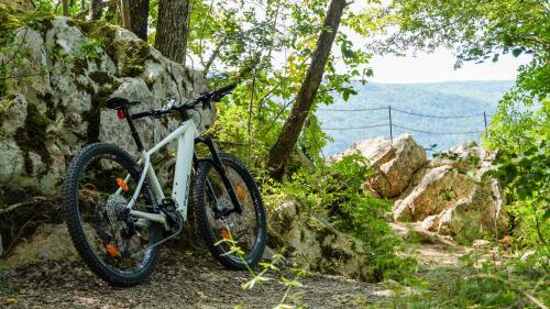 a bike parked next to a large rock at Hiša na Hribu- A Peaceful Hilltop Escape above river Kolpa in Kostel