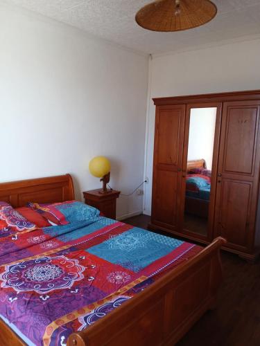 a bedroom with a bed with a dresser and a mirror at Kaz Brume in Le Tampon