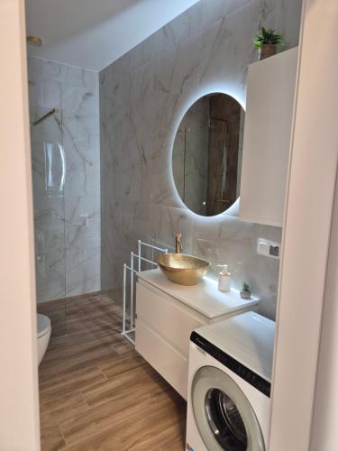 a bathroom with a sink and a washing machine at Baltic Essence Apartamenty 2 in Przewłoka