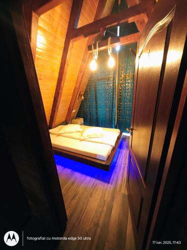 a small bedroom with a bed in a wooden room at Casuta din LAZ in Onceşti