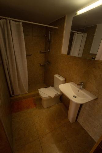a bathroom with a toilet and a sink and a mirror at Amoni Holiday Homes in Kardamili