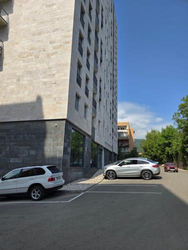 two cars parked in a parking lot next to a building at Evergreen Stay Dilijan in Dilijan