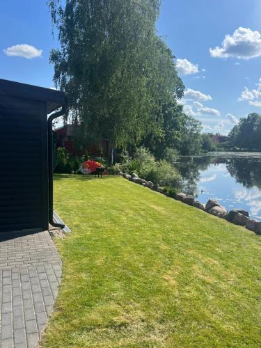 a grassy yard next to a lake with a shed at Už Karvelius - Sodyba Biržų mieste in Biržai