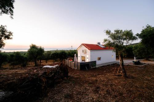 a small white house with a tree next to it at Lux Natura in Prinos