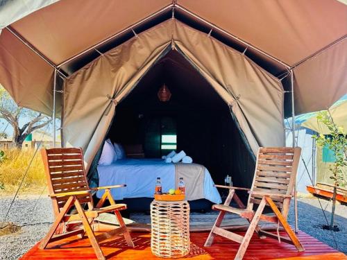 two chairs and a bed in a tent at Tlou Tribal Lodge in Pilanesberg