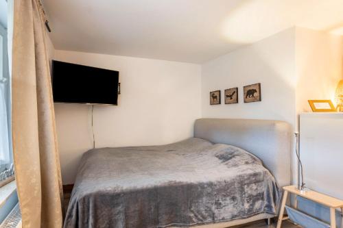 a bedroom with a bed and a flat screen tv at Auszeit Sauerland in Olsberg