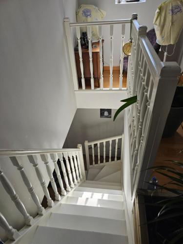 a stairway with white railings in a house at Chambre Gauguin - B no B les closeries du Golfe in Theix