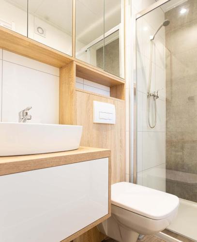 a bathroom with a toilet and a sink and a shower at Recreatiepark de Wielerbaan in Wageningen