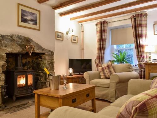 a living room with a fireplace and a couch at Uk32422 - 4 Banc Llugwy in Betws-y-coed