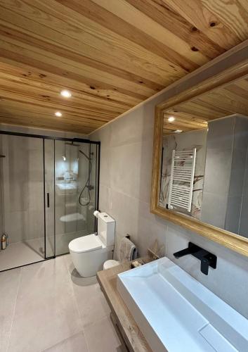 a bathroom with a tub and a toilet and a mirror at Apartament Montsent in Rialp