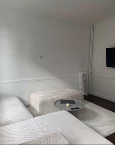 - un salon avec deux canapés blancs et une table dans l'établissement Appartement Paris Expo Porte de Versailles, à Issy-les-Moulineaux