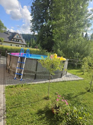 a swimming pool with a ladder next to a playground at Pokoje Gościnne u Wioli in Jurgów