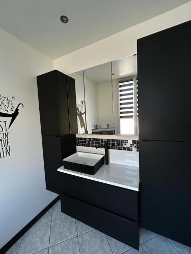 un baño con lavabo y espejo en Esprit Londonien - WIFI - TV -, en Bracquemont