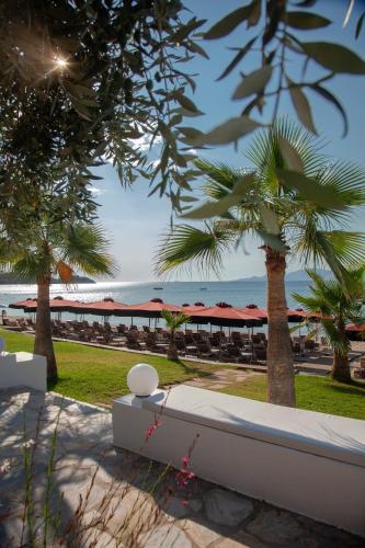 a view of a resort with palm trees and the ocean at Akti Hotel Kavala in Paleo Tsifliki